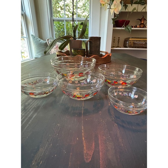 Other - Vintage Fruit Motif Glass Nesting Mixing Bowls Set of 5 Heat Resistant Clear